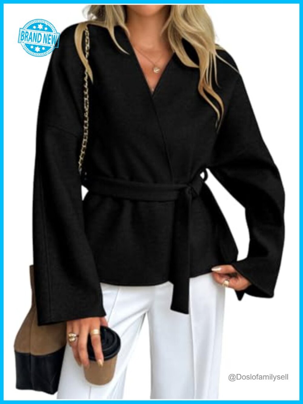 Women's Belted Crop Blazer Peacoat Collarless Open Front Jacket